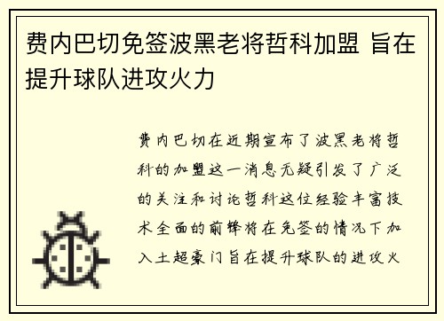 费内巴切免签波黑老将哲科加盟 旨在提升球队进攻火力 费内巴切免签波黑老将哲科加盟 旨在提升球队进攻火力